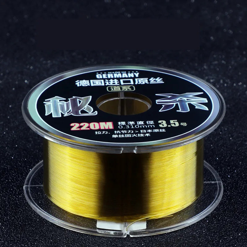 Fluorocarbon Fishing Line in Clear, Green/Bronze, and Red