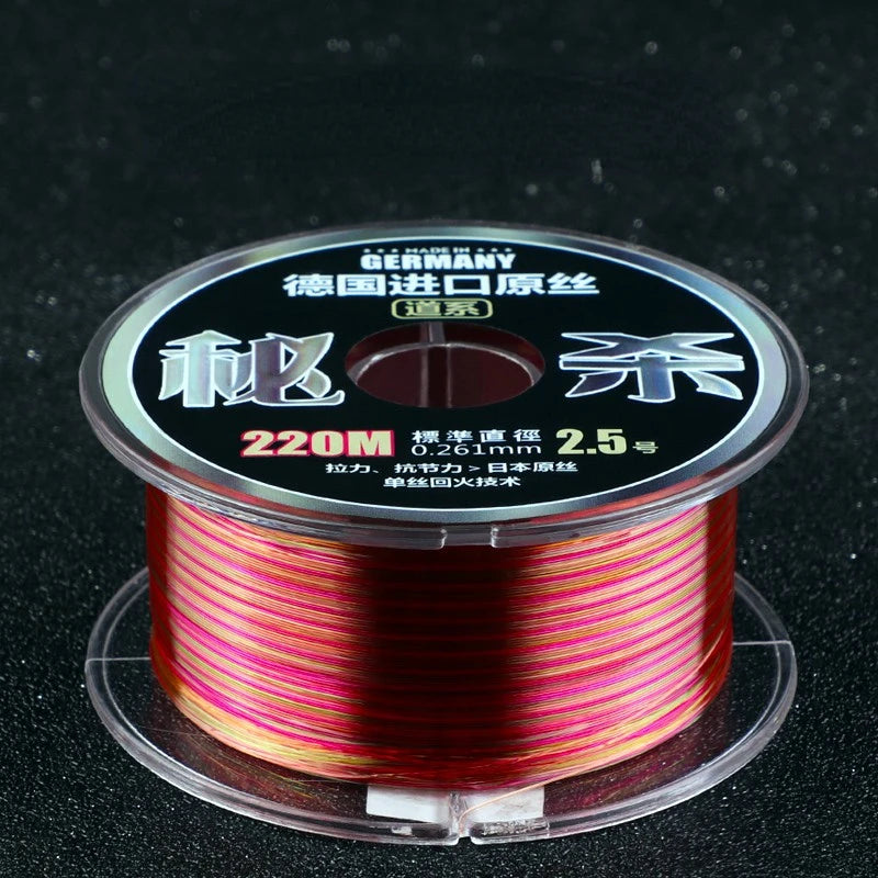 Fluorocarbon Fishing Line in Clear, Green/Bronze, and Red