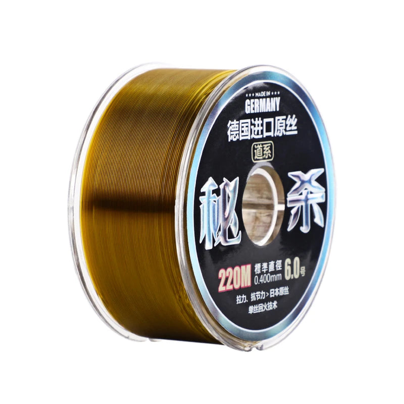 Fluorocarbon Fishing Line in Clear, Green/Bronze, and Red